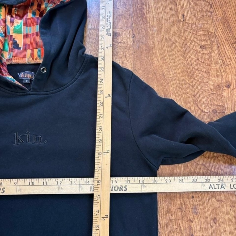 faded black pullover hoodie with embroidered "Kin" satin lining - Picture 6 of 8